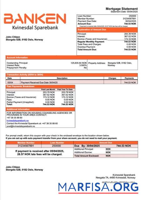 Downloadable Norway Kvinesdal Sparebank mortgage statement Word and PDF template